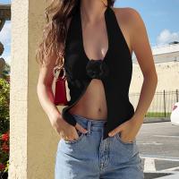 Polyester Tank Top midriff-baring & backless patchwork Solid red and black PC