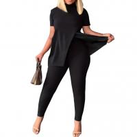 Polyester Women Casual Set slimming & side slit Long Trousers & short sleeve T-shirts patchwork Solid Set