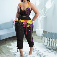 Polyester Plus Size Women Casual Set midriff-baring & two piece tank top & Pants Tie-dye Set