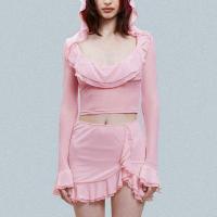 Polyester scallop & Slim Two-Piece Dress Set patchwork Solid pink and grey Set