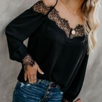 Chiffon & Lace Women Long Sleeve T-shirt & off shoulder & loose patchwork Solid PC