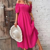 Polyester One-piece Dress & off shoulder Solid fuchsia PC