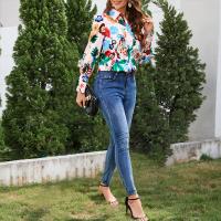Polyester Women Long Sleeve Shirt & loose printed Plant multi-colored PC