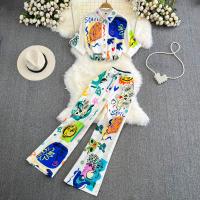 Polyester Frauen Casual Set, Lange Hose & Kurzarmhemd, Gedruckt, abstraktes Muster, mehr Farben zur Auswahl,  Festgelegt