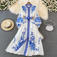 Spandex One-piece Dress slimming & with belt embroidered floral blue PC