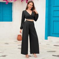 Polyester Women Casual Set deep V & two piece & breathable Solid Set