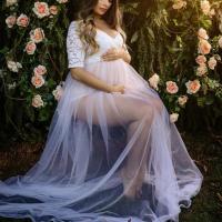 Polyester Slim Maternity Dress see through look & side slit white PC