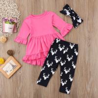 Cotton Girl Clothes Set & three piece Hair Band & Pants & top printed Deerlet rose and black Set