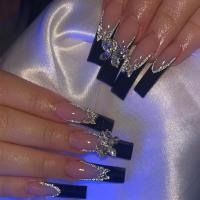Plastic Creative Fake Nails for women & with rhinestone butterfly pattern black Set
