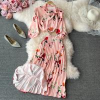 Mixed Fabric Soft & Pleated Two-Piece Dress Set & two piece printed floral pink Set