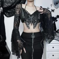Polyester Slim Women Long Sleeve Blouses midriff-baring butterfly pattern black PC