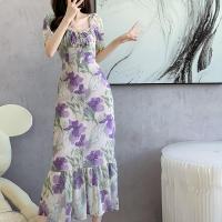 Polyester Slim One-piece Dress printed floral purple PC
