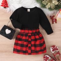 Cotton Slim & Christmas costume Girl Clothes Set & two piece skirt & top patchwork plaid two different colored Set