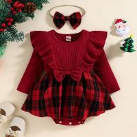 Cotton Slim & Christmas costume Crawling Baby Suit Cotton Crawling Baby Suit & Hair Band patchwork plaid red PC