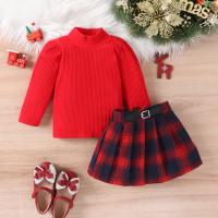 Cotton Slim Girl Clothes Set & two piece skirt & top patchwork plaid red Set