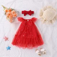 Polyester Slim Girl One-piece Dress Hair Band & skirt patchwork red PC