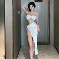 Polyester Slim Two-Piece Dress Set midriff-baring & side slit & backless & two piece & off shoulder patchwork Others white Set