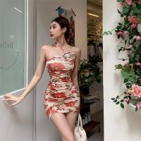 Polyester Slim Sexy Package Hip Dresses backless & off shoulder printed Others multi-colored PC