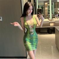 Polyester Slim & High Waist Sexy Package Hip Dresses deep V & backless & off shoulder & hollow printed snakeskin pattern green PC