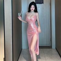 Polyester High Waist Sexy Package Hip Dresses deep V & side slit & backless patchwork Others pink PC
