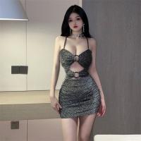 Polyester High Waist Sexy Package Hip Dresses backless & hollow patchwork Others silver PC