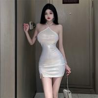 Polyester High Waist Sexy Package Hip Dresses side slit & backless & off shoulder & One Shoulder patchwork Solid silver PC