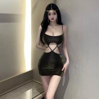 Polyester Waist-controlled & High Waist Sexy Package Hip Dresses deep V & backless & hollow patchwork Solid black PC
