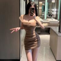 Polyester Waist-controlled & High Waist Sexy Package Hip Dresses patchwork Solid camel PC