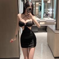 Polyester Waist-controlled & High Waist Sexy Package Hip Dresses deep V & backless & off shoulder & hollow patchwork Solid black PC
