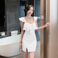 Polyester Waist-controlled & High Waist Sexy Package Hip Dresses side slit patchwork Solid PC