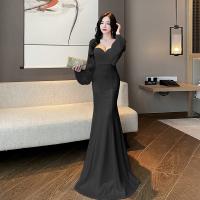 Polyester Waist-controlled & Mermaid & High Waist Long Evening Dress deep V patchwork Solid PC