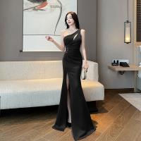 Polyester Waist-controlled & Slim & front slit Long Evening Dress backless & One Shoulder patchwork Solid PC