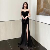 Polyester Slim & High Waist Long Evening Dress side slit & backless & off shoulder patchwork Solid black PC