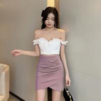 Polyester Slim & High Waist Two-Piece Dress Set backless & two piece & off shoulder patchwork Solid Set