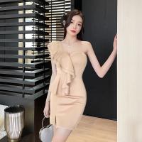 Polyester Slim & High Waist Sexy Package Hip Dresses side slit & backless & off shoulder & One Shoulder patchwork Solid PC