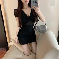 Polyester Slim & High Waist Sexy Package Hip Dresses see through look & deep V patchwork Solid black PC