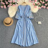 Polyester Waist-controlled One-piece Dress large hem design floral : PC