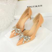 Patent Leather Stiletto High-Heeled Shoes hardwearing & with rhinestone bowknot pattern Pair