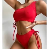 Polyester Tankinis Set & two piece & padded & One Shoulder Solid red Set