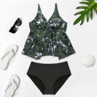 Spandex & Polyester Plus Size Tankinis Set & two piece & padded printed leaf pattern green Set
