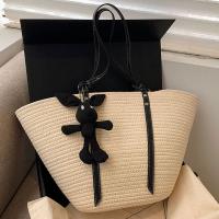 Straw Woven Shoulder Bag with hanging ornament & soft surface PC