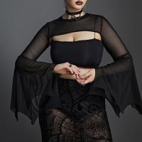 Polyester Women Long Sleeve Blouses midriff-baring & see through look & backless black PC