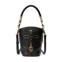 Leather Bucket Bag Handbag attached with hanging strap Lichee Grain black PC