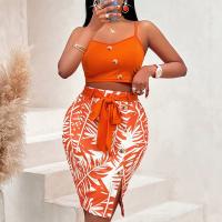 Polyester Two-Piece Dress Set side slit & backless printed orange Set