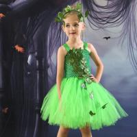Chemical Fiber & Polyester Ball Gown Children Elf costume Halloween Design  leaf pattern green PC