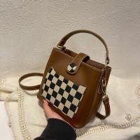 PU Leather Bucket Bag Handbag attached with hanging strap plaid coffee PC