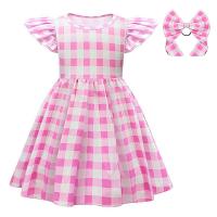 Polyester Princess Girl One-piece Dress Cute hair ring & skirt printed plaid pink PC