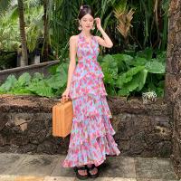 Polyester Slim & Layered One-piece Dress backless printed floral blue and pink PC