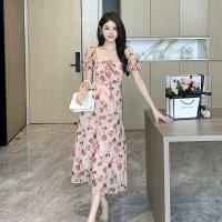 Polyester Slim One-piece Dress printed floral pink PC