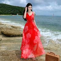 Polyester Slim Slip Dress large hem design printed floral red PC